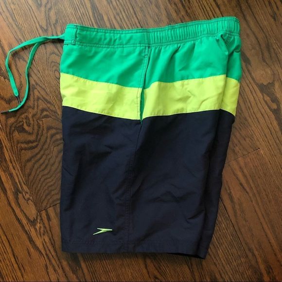 SPEEDO Mens Rugby Stripe Green Navy Blue Yellow Swim Trunks With Lining Sz Med. - Picture 5 of 6
